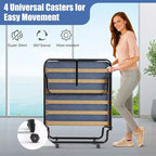 Lit pliant portatif avec matelas en mousse, cadre en acier, 4 roulettes, bleu marine/beige