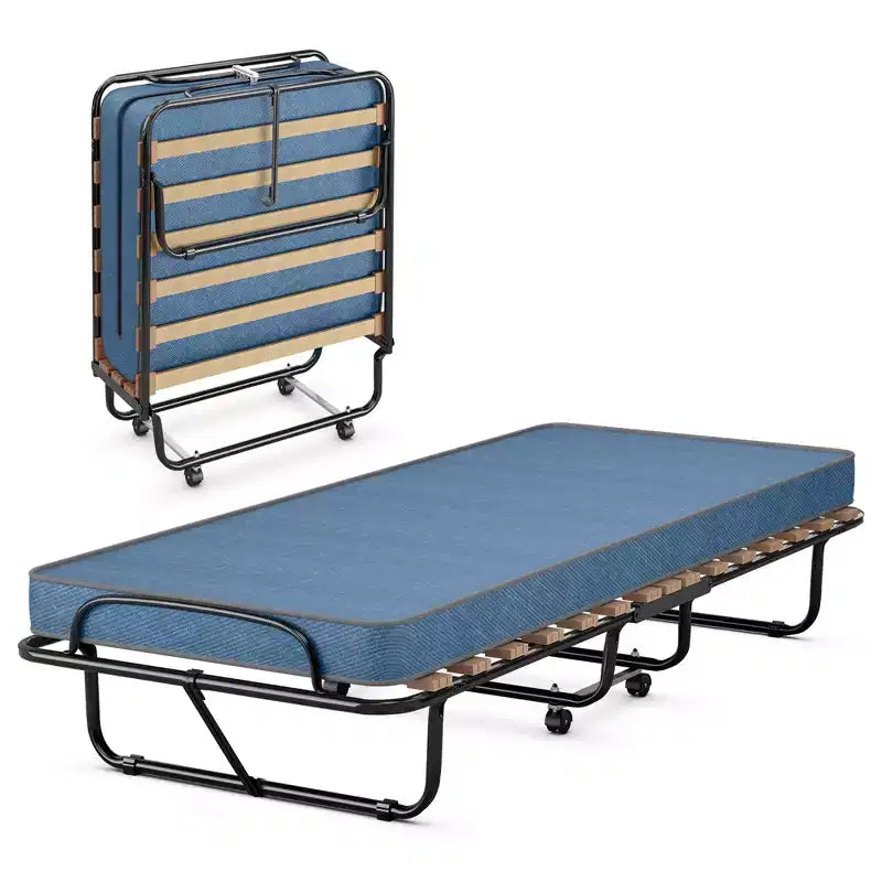 Lit pliant portatif avec matelas en mousse, cadre en acier, 4 roulettes, bleu marine/beige