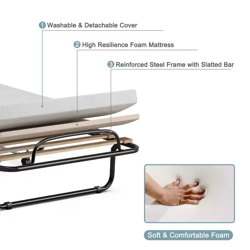 Lit pliant portatif avec matelas en mousse, cadre en acier, 4 roulettes, bleu marine/beige
