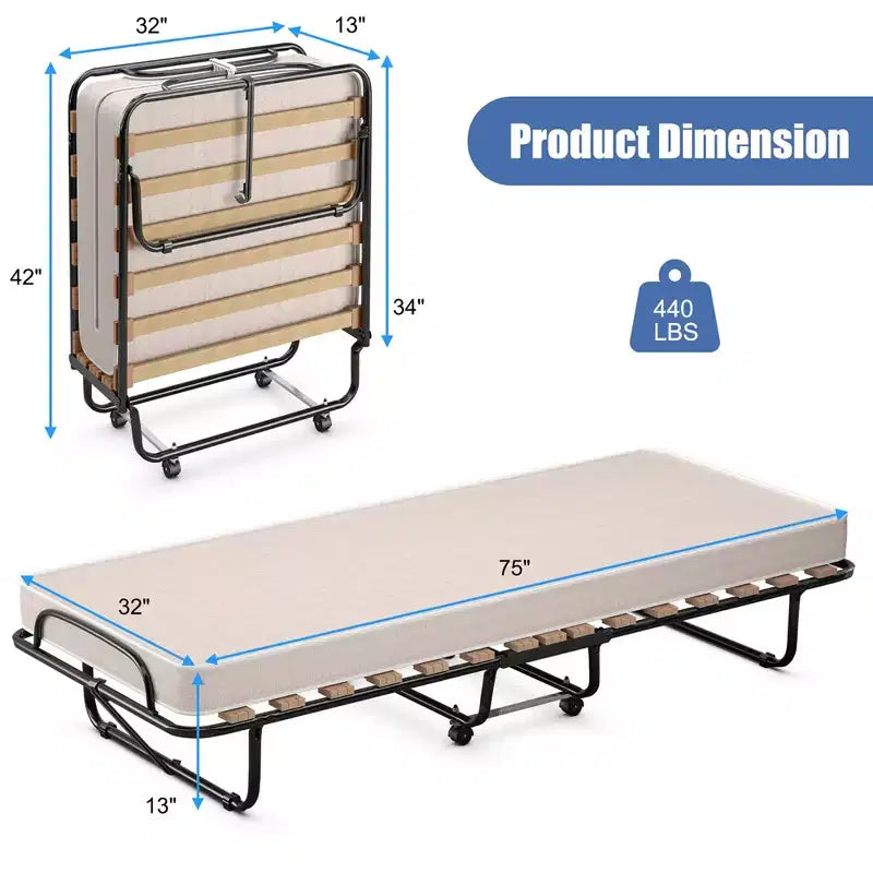 Lit pliant portatif avec matelas en mousse, cadre en acier, 4 roulettes, bleu marine/beige