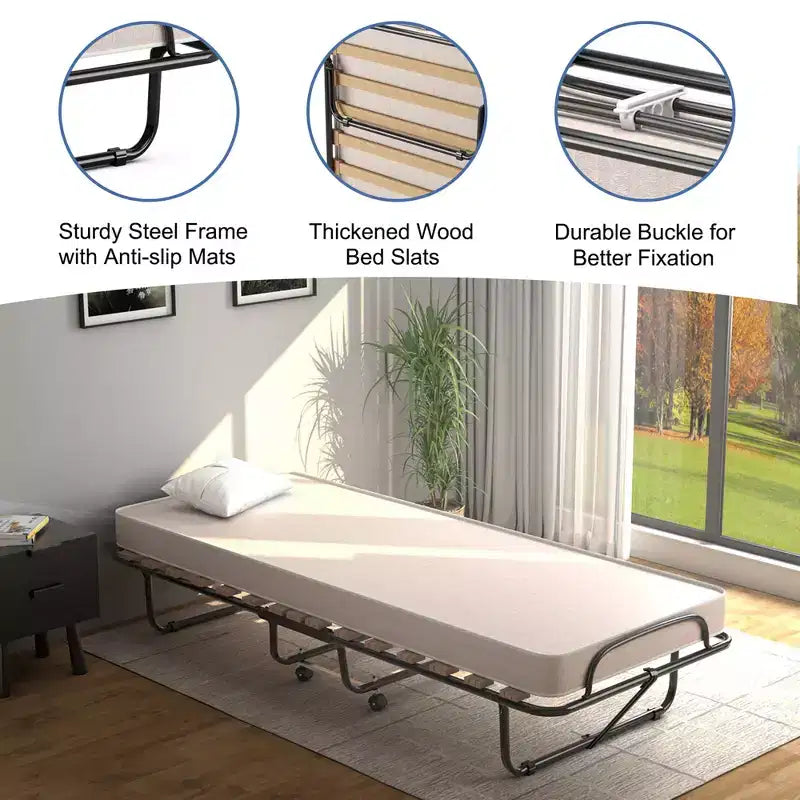 Lit pliant portatif avec matelas en mousse, cadre en acier, 4 roulettes, bleu marine/beige