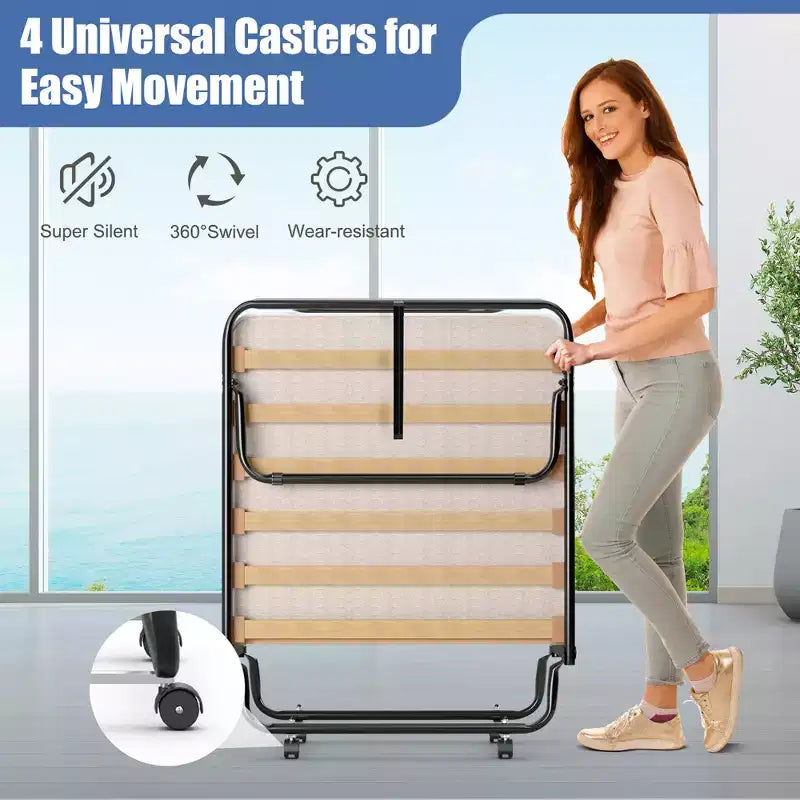 Lit pliant portatif avec matelas en mousse, cadre en acier, 4 roulettes, bleu marine/beige