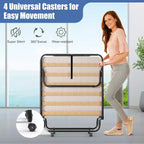 Lit pliant portatif avec matelas en mousse, cadre en acier, 4 roulettes, bleu marine/beige