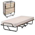 Lit pliant portatif avec matelas en mousse, cadre en acier, 4 roulettes, bleu marine/beige