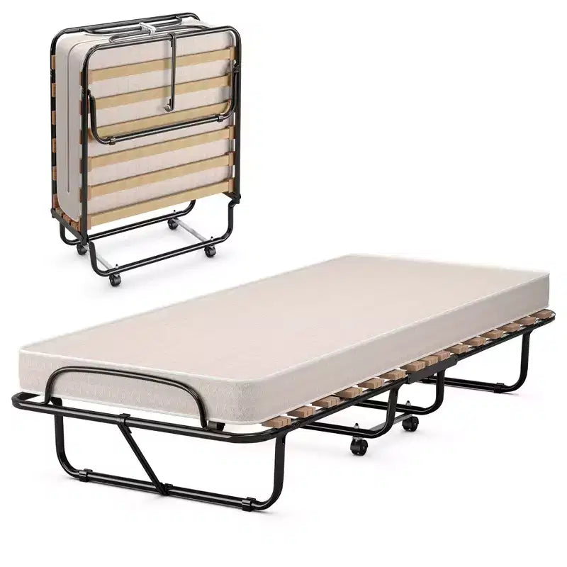 Lit pliant portatif avec matelas en mousse, cadre en acier, 4 roulettes, bleu marine/beige