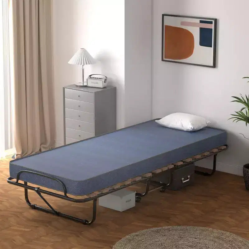 Lit pliant portatif avec matelas en mousse, cadre en acier, 4 roulettes, bleu marine/beige