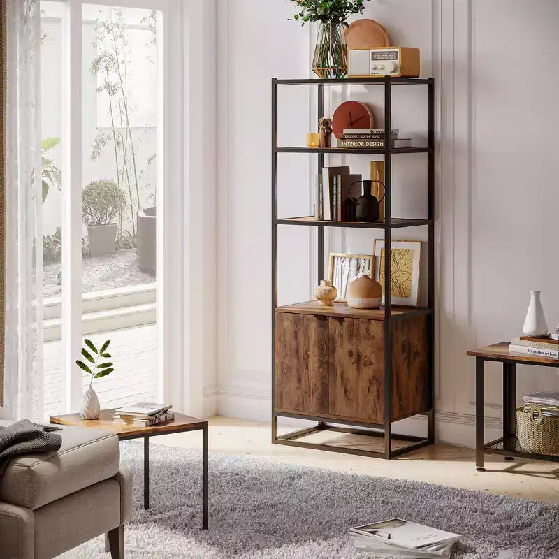 Bibliothèque de rangement haute de 162 cm avec 3 étagères ouvertes et un placard à double porte, organiseur de salon