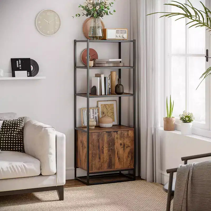 Bibliothèque de rangement haute de 162 cm avec 3 étagères ouvertes et un placard à double porte, organiseur de salon