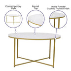 Table basse ronde moderne avec cadre en métal noir mat entrecroisé, plateau stratifié blanc