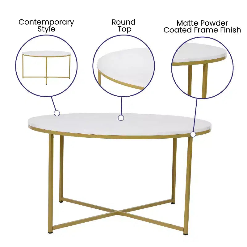 Table basse ronde moderne avec cadre en métal noir mat entrecroisé, plateau stratifié blanc