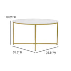 Table basse ronde moderne avec cadre en métal noir mat entrecroisé, plateau stratifié blanc