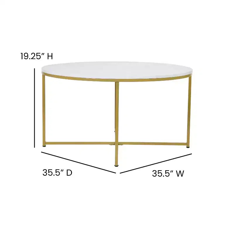 Table basse ronde moderne avec cadre en métal noir mat entrecroisé, plateau stratifié blanc