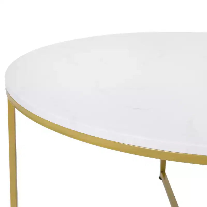 Table basse ronde moderne avec cadre en métal noir mat entrecroisé, plateau stratifié blanc
