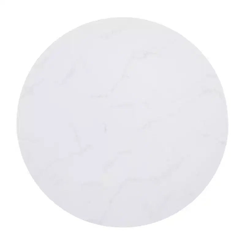 Table basse ronde moderne avec cadre en métal noir mat entrecroisé, plateau stratifié blanc