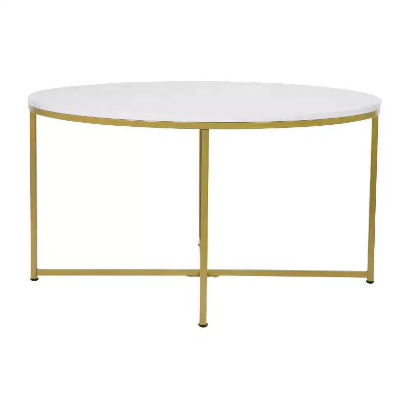 Table basse ronde moderne avec cadre en métal noir mat entrecroisé, plateau stratifié blanc