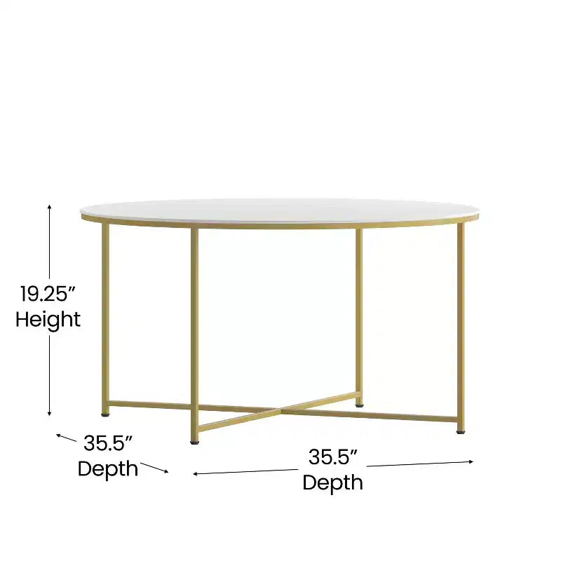 Table basse ronde moderne avec cadre en métal noir mat entrecroisé, plateau stratifié blanc