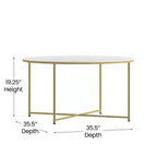 Table basse ronde moderne avec cadre en métal noir mat entrecroisé, plateau stratifié blanc