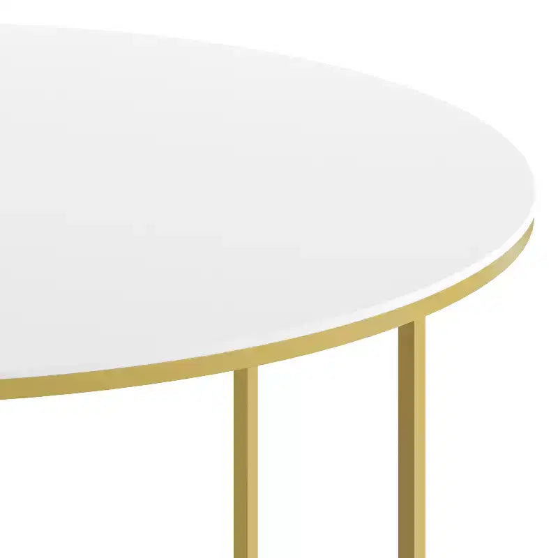 Table basse ronde moderne avec cadre en métal noir mat entrecroisé, plateau stratifié blanc