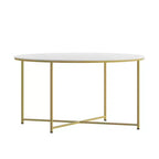 Table basse ronde moderne avec cadre en métal noir mat entrecroisé, plateau stratifié blanc