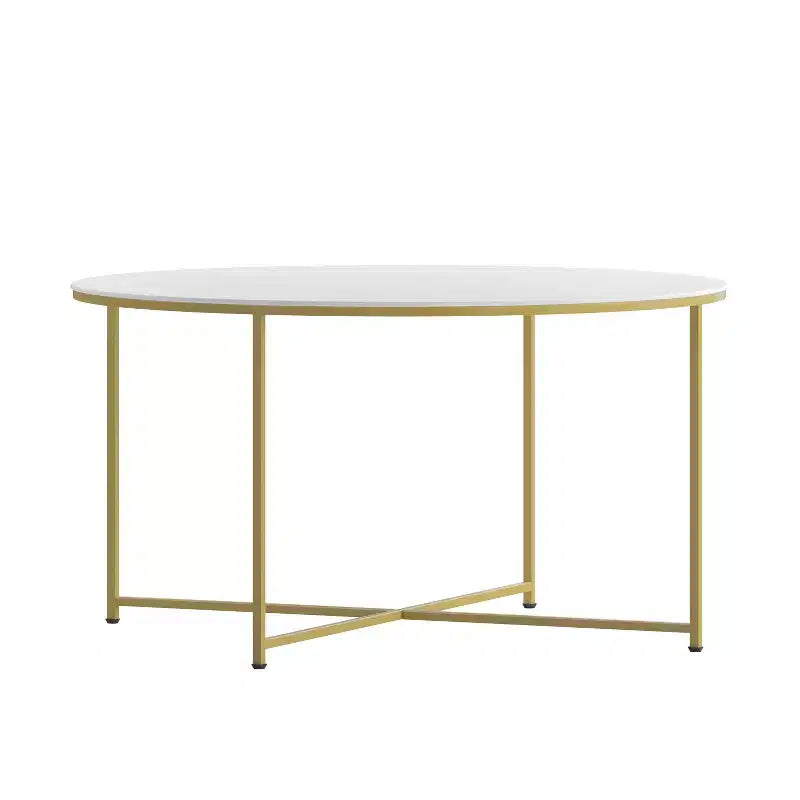 Table basse ronde moderne avec cadre en métal noir mat entrecroisé, plateau stratifié blanc