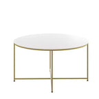 Table basse ronde moderne avec cadre en métal noir mat entrecroisé, plateau stratifié blanc