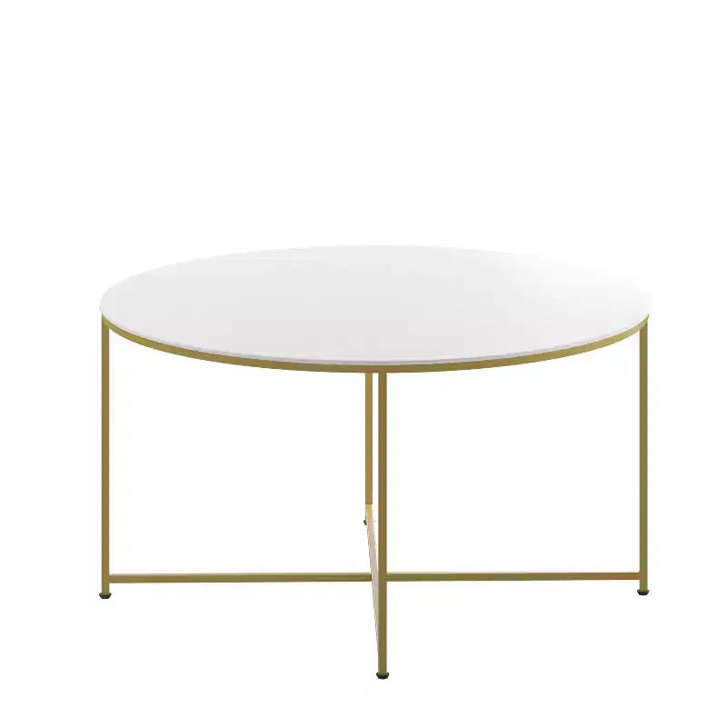 Table basse ronde moderne avec cadre en métal noir mat entrecroisé, plateau stratifié blanc