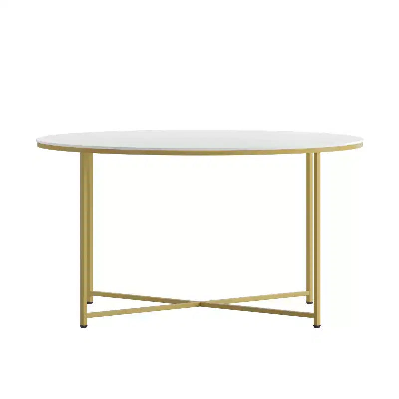 Table basse ronde moderne avec cadre en métal noir mat entrecroisé, plateau stratifié blanc
