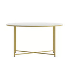 Table basse ronde moderne avec cadre en métal noir mat entrecroisé, plateau stratifié blanc