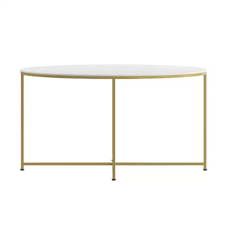 Table basse ronde moderne avec cadre en métal noir mat entrecroisé, plateau stratifié blanc