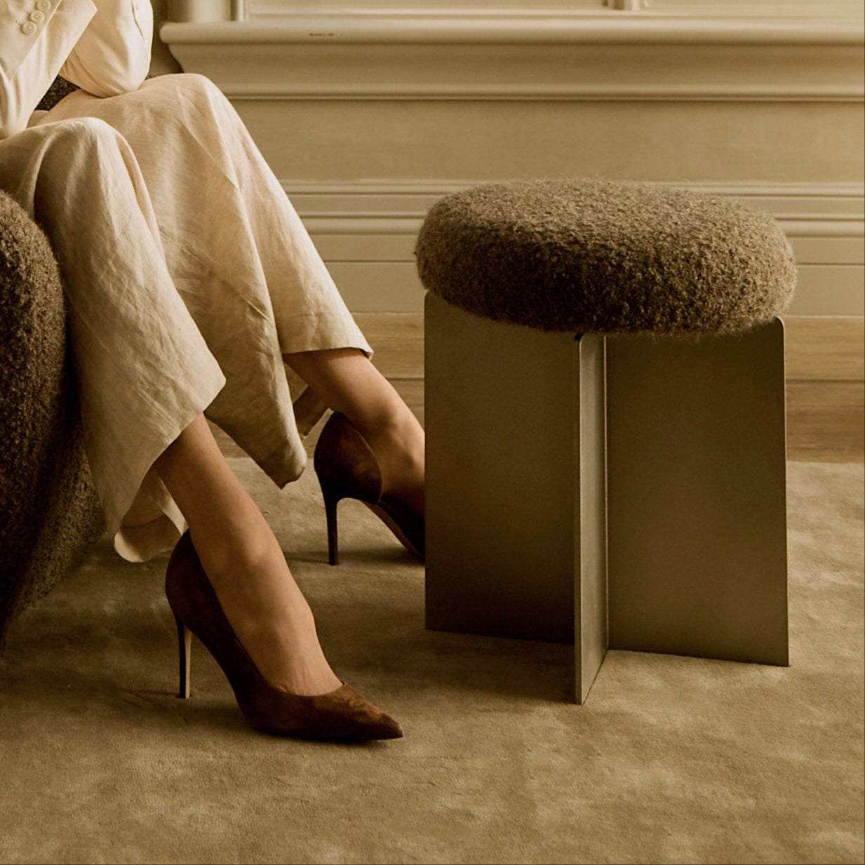 Tabouret - Bouclette Mohair Mocha & Acier Inoxydable