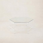 Table basse d'extérieur hexagonale en verre – Cadre en fer blanc