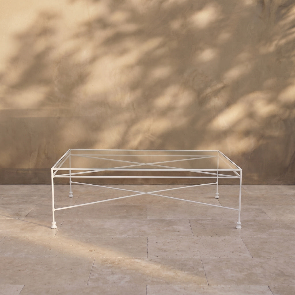 Table basse rectangulaire en verre d'extérieur - Cadre en fer blanc
