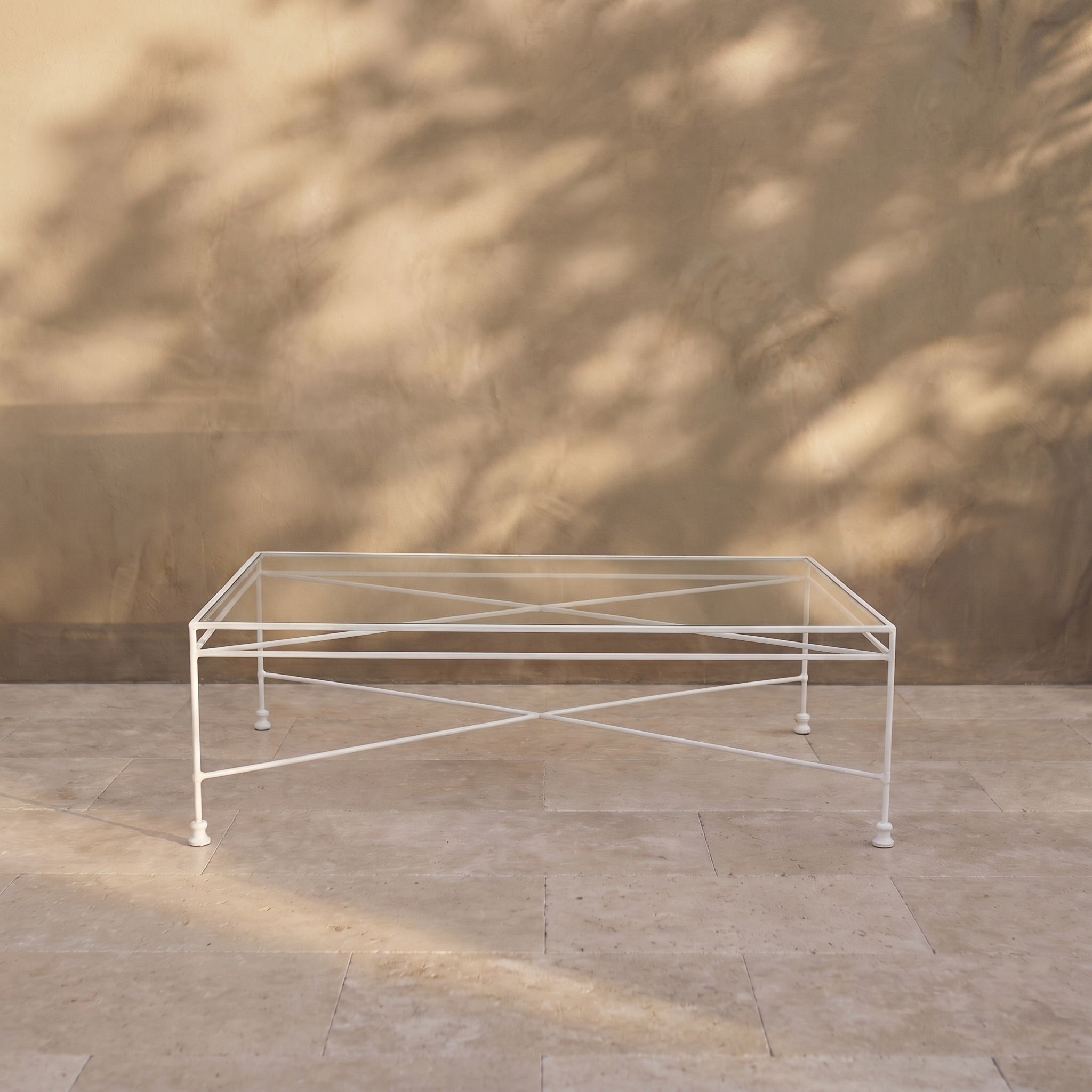 Table basse rectangulaire en verre d'extérieur - Cadre en fer blanc