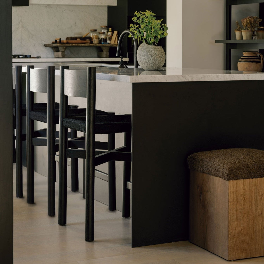 Tabouret de comptoir - Assise en jute tressé, Chêne blanc noir huilé