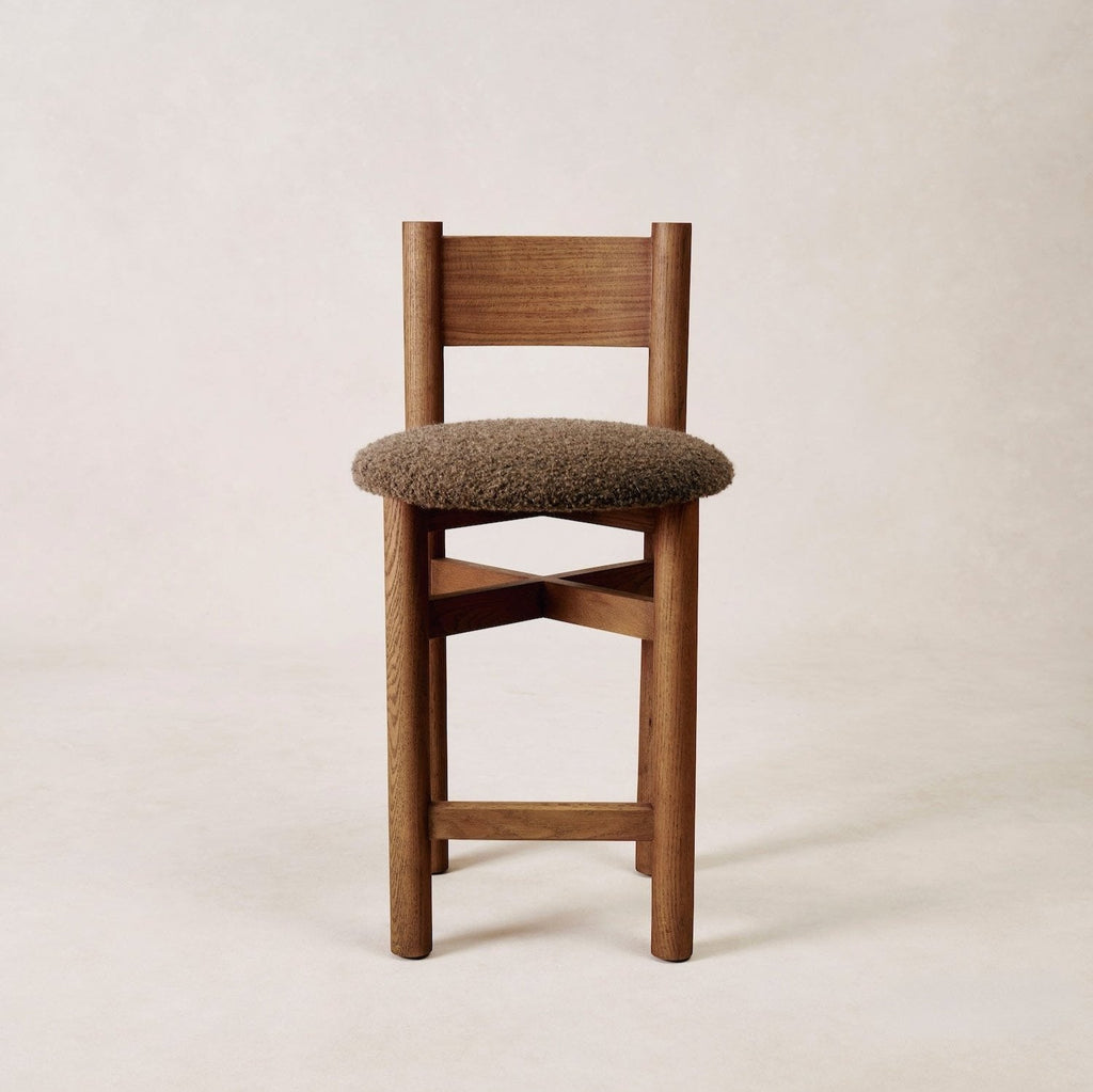 Tabouret de comptoir - Boucle Mohair Moka et Chêne Blanc