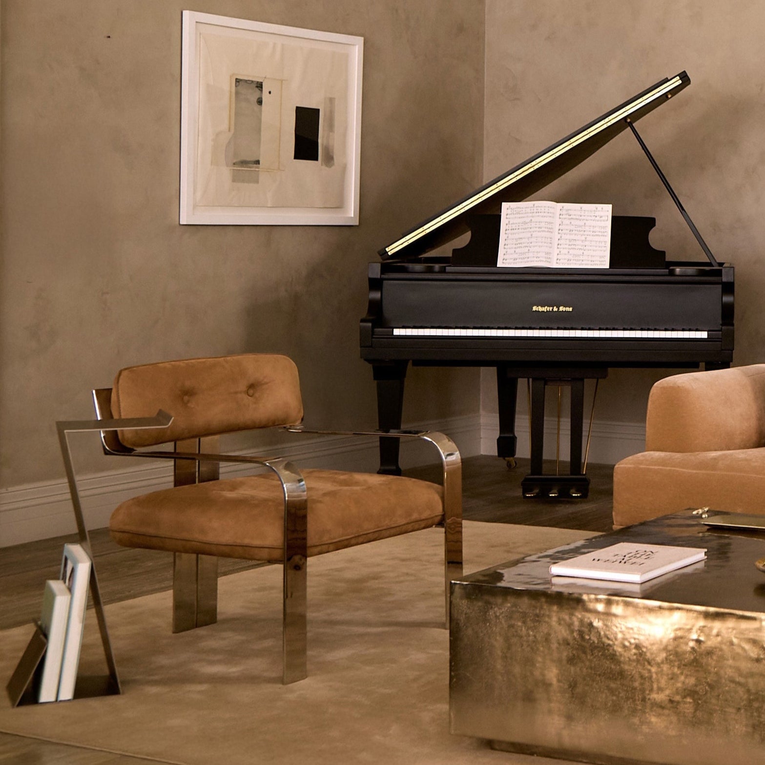 Fauteuil d'appoint - Nubuck italien couleur camel et structure chromée