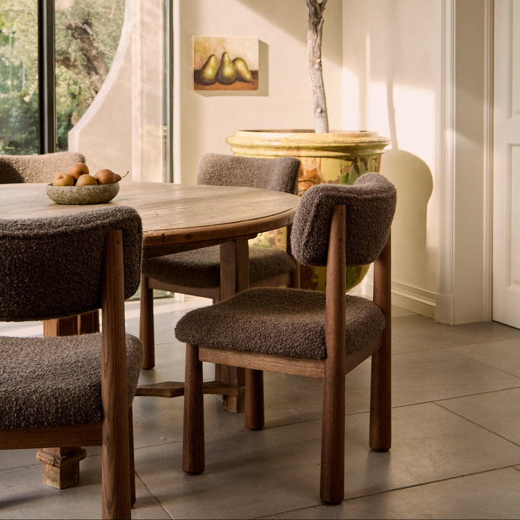 Chaise de salle à manger - Bouclette Mocha et pieds coniques en chêne blanc
