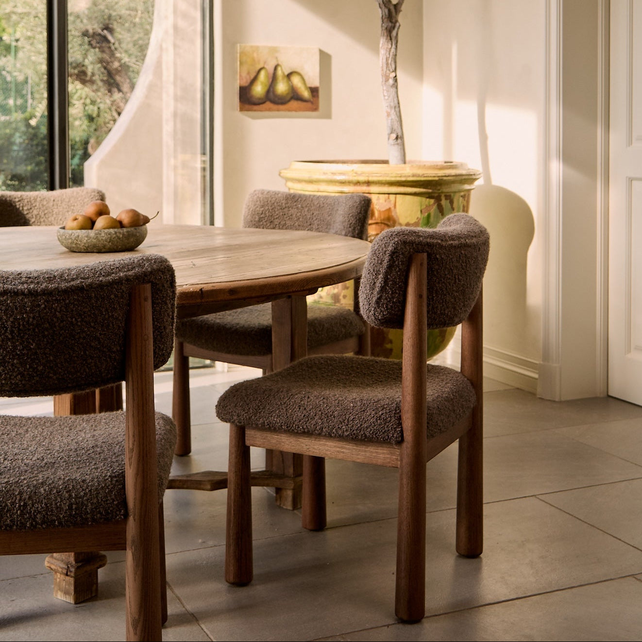 Chaise de salle à manger - Bouclette Mocha et pieds coniques en chêne blanc
