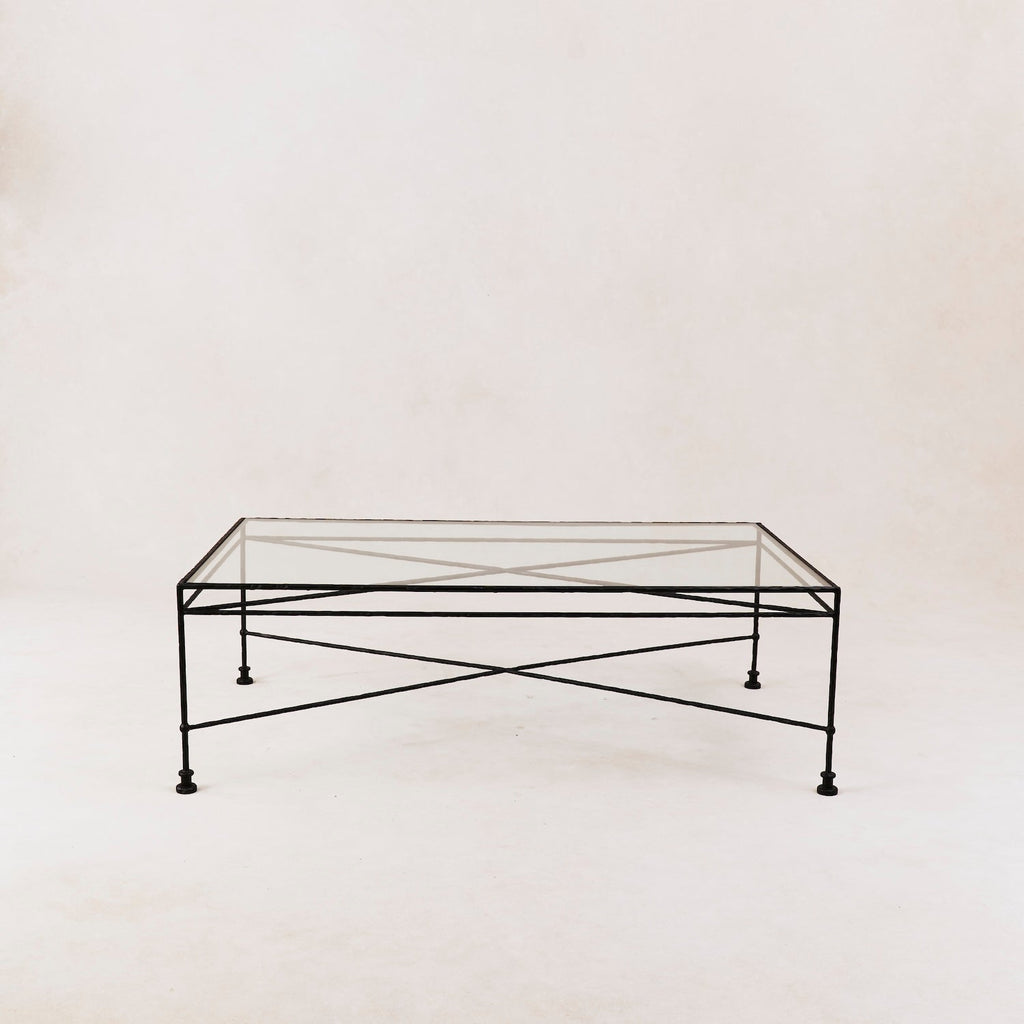 Table basse rectangulaire en verre d'extérieur - Cadre en fer noir