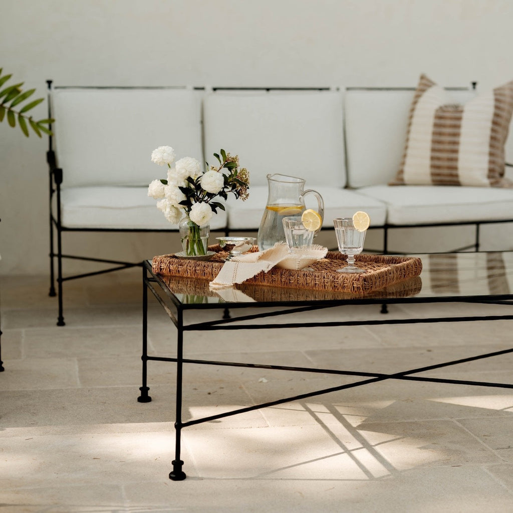 Table basse rectangulaire en verre d'extérieur - Cadre en fer noir