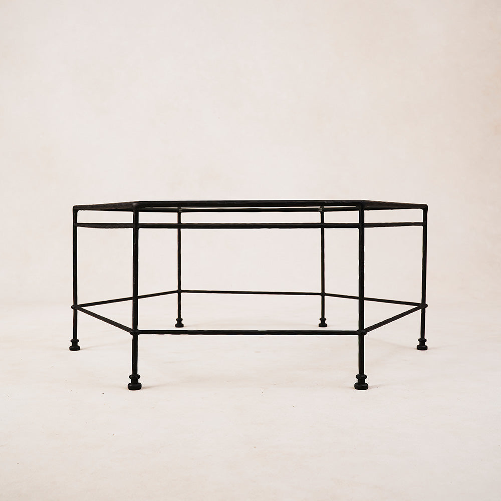 Table basse hexagonale en verre d'extérieur - Cadre en fer noir