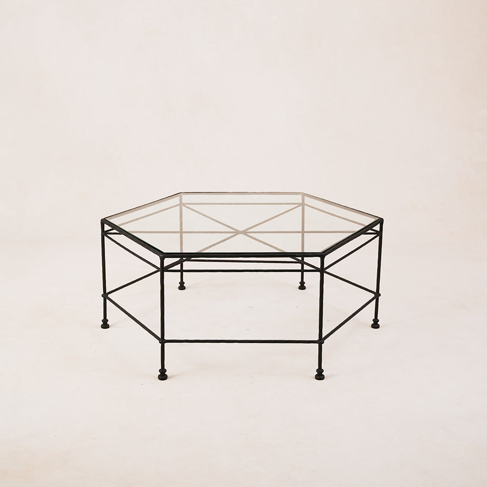 Table basse hexagonale en verre d'extérieur - Cadre en fer noir