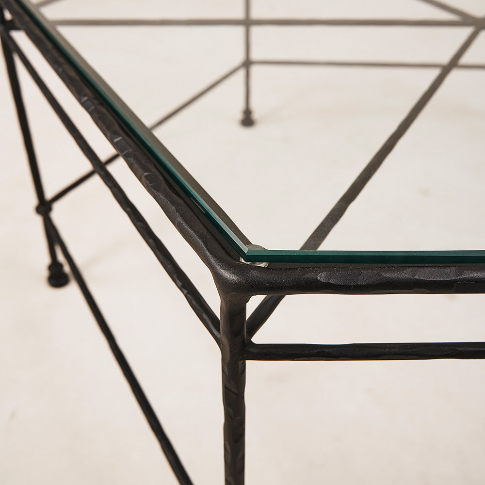 Table basse hexagonale en verre d'extérieur - Cadre en fer noir