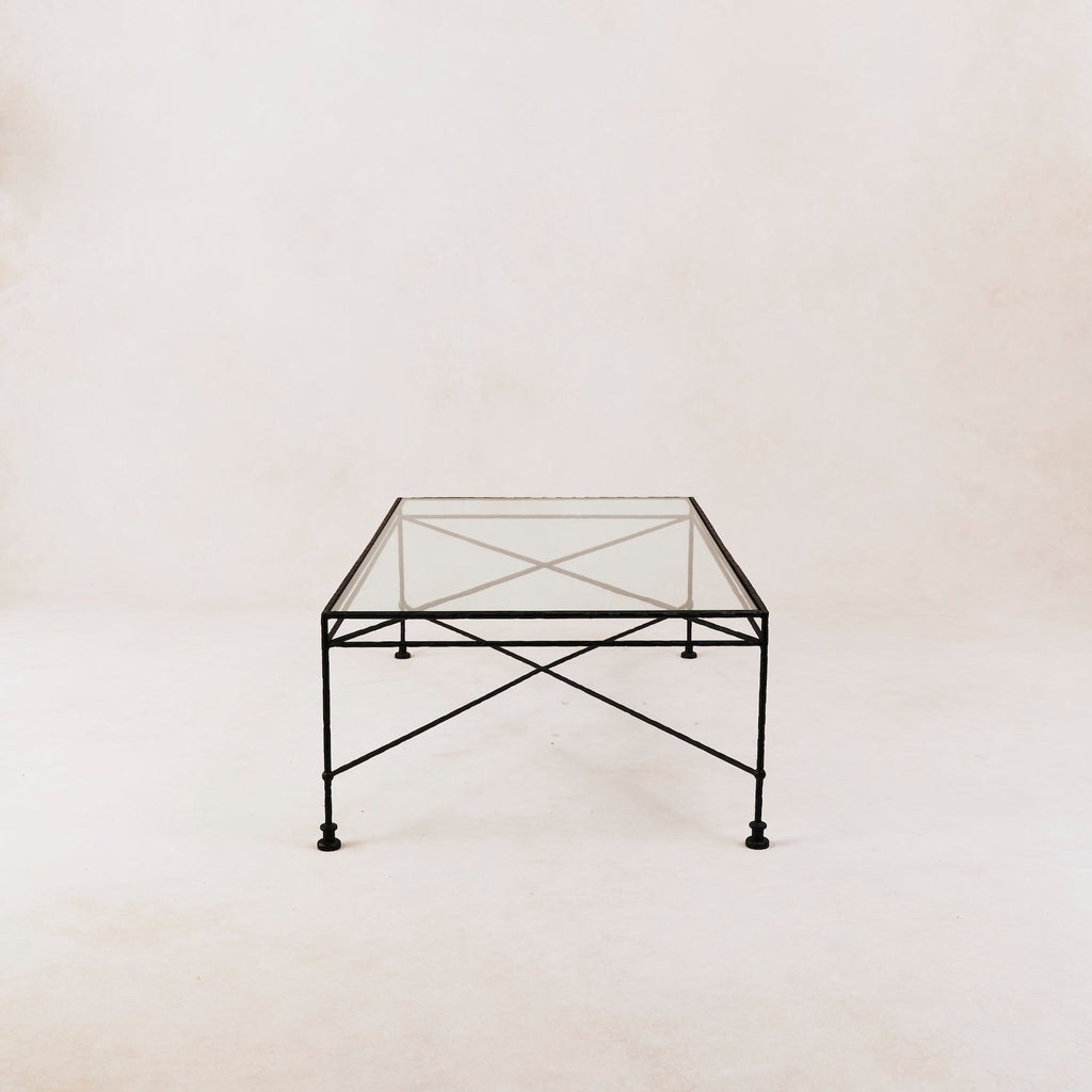 Table basse rectangulaire en verre d'extérieur - Cadre en fer noir