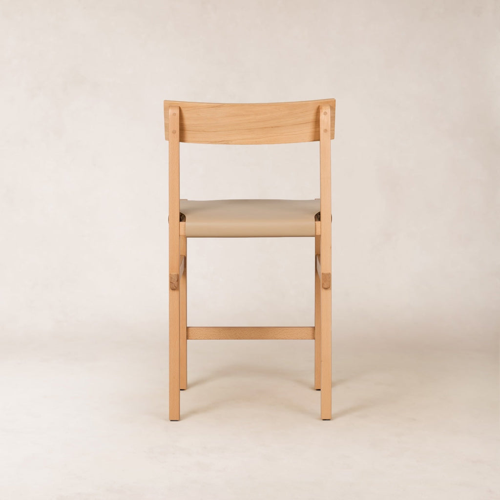 Tabouret de comptoir - Assise en cuir épais, piètement en bois naturel fait main