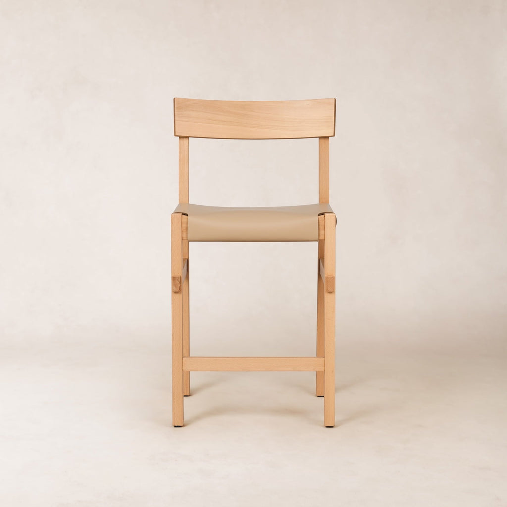 Tabouret de comptoir - Assise en cuir épais, piètement en bois naturel fait main